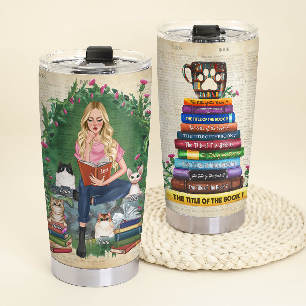 Personalized Reading Girl Tumbler - Girl Reading with Her Cats - Tumbler Cup - GoDuckee