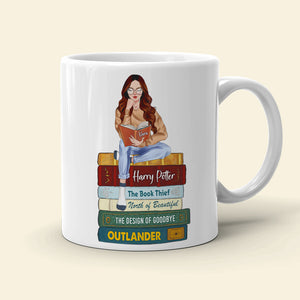 Reading Girl Sitting On Bookstack, Personalized White Mug - Coffee Mug - GoDuckee