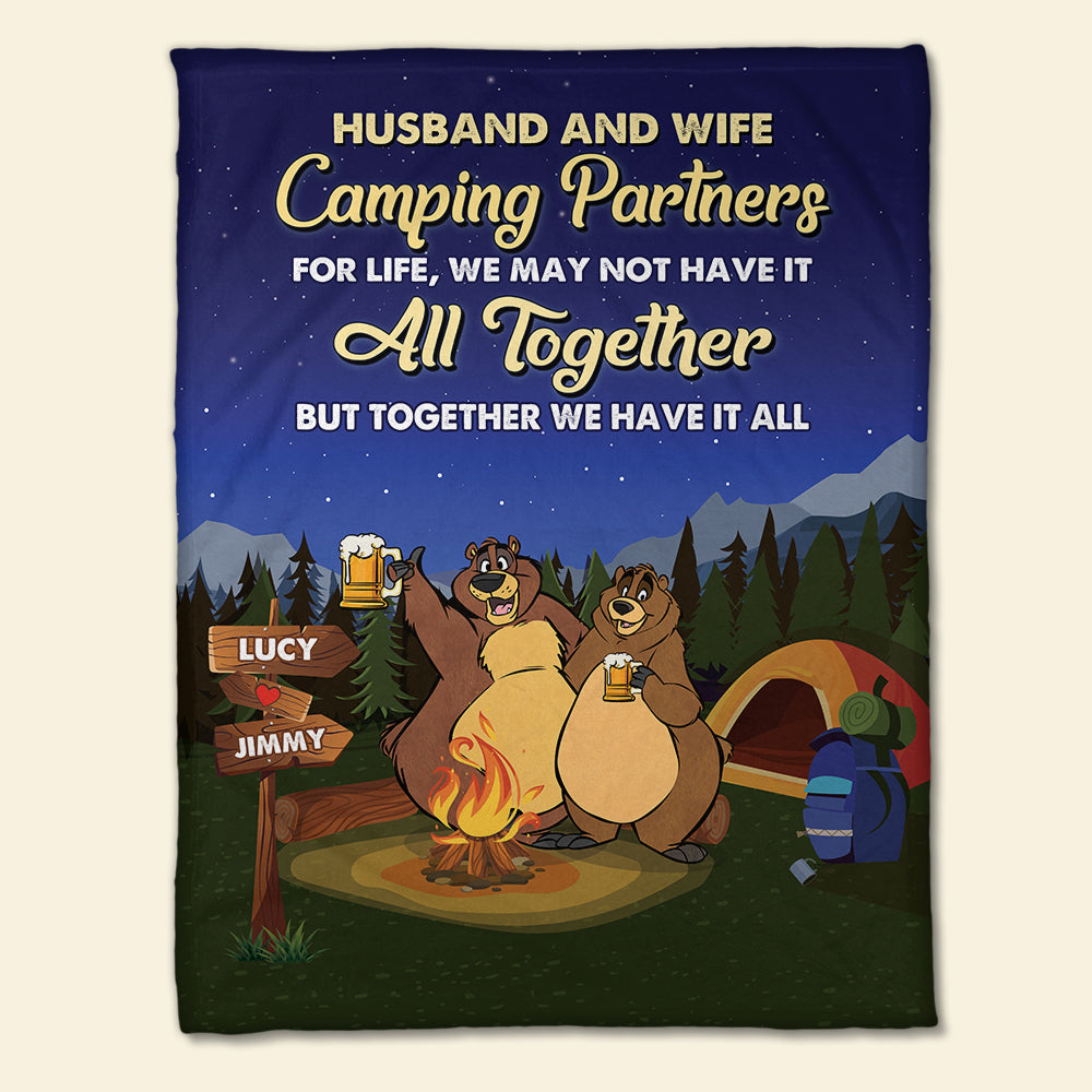 Personalized Drinking Bear Couple Blanket - Husband And Wife, Camping Partner For Life - Blanket - GoDuckee