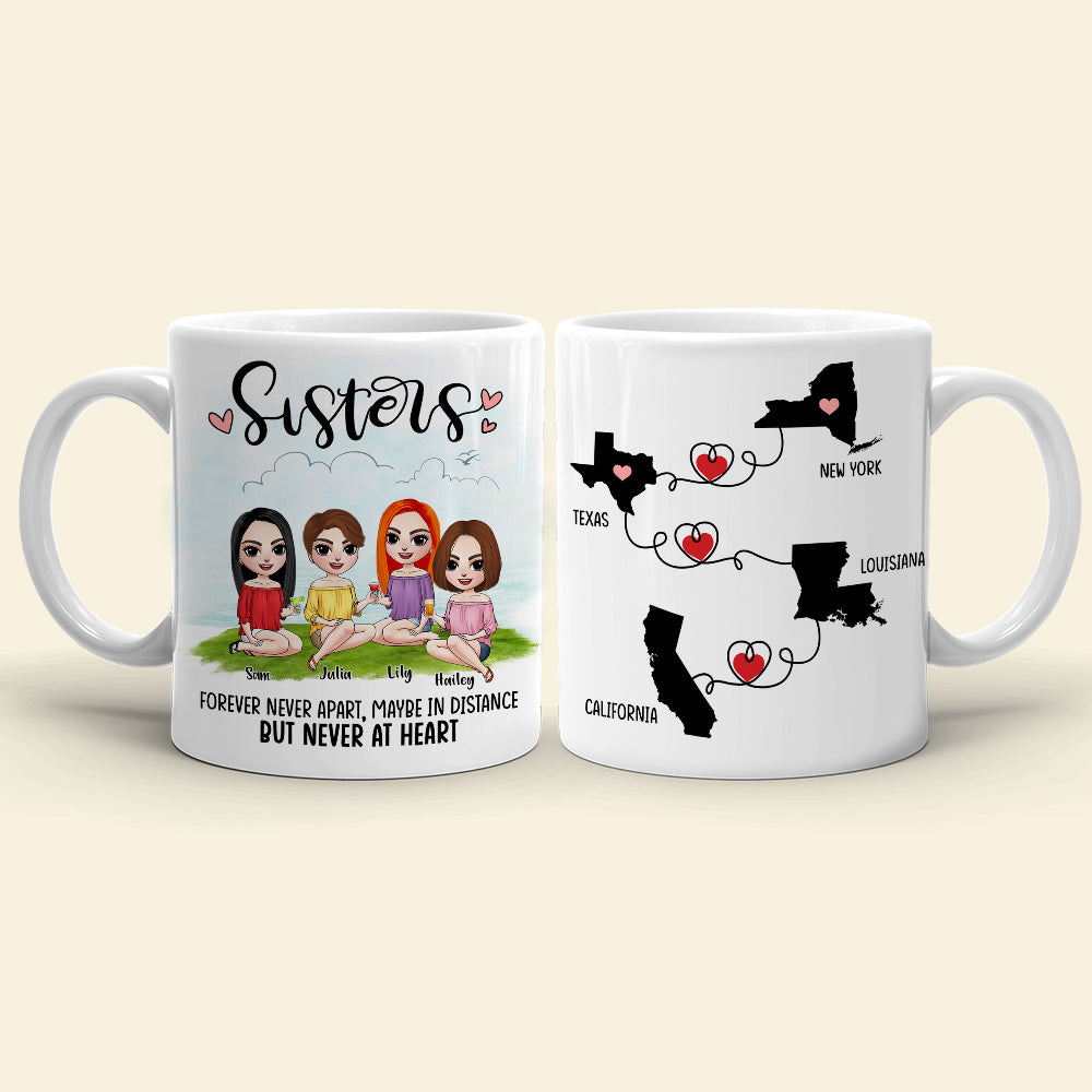 Personalized Sister Map Mug, Apart In Distance But Never At Heart, Gift for Sisters In Long Distance - Coffee Mug - GoDuckee