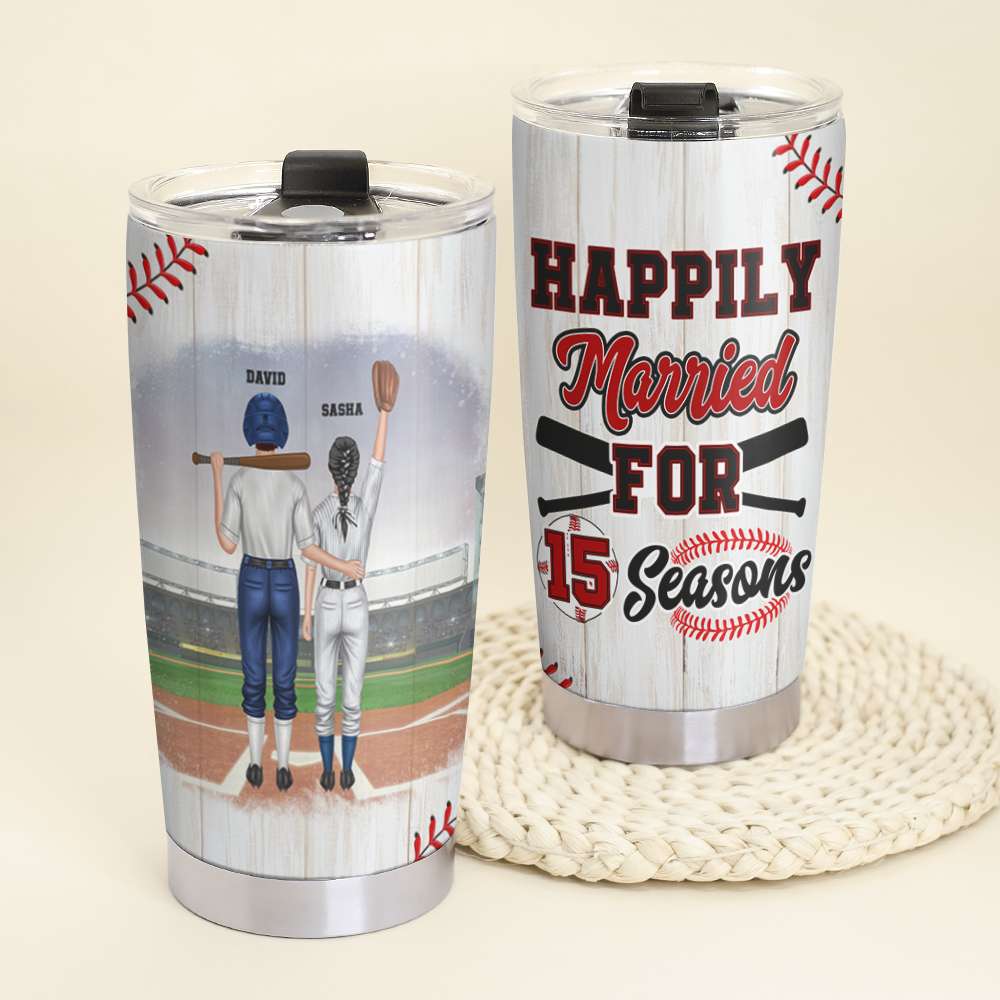 Personalized Baseball Couple Tumbler - Happily Married For Seasons - Tumbler Cup - GoDuckee