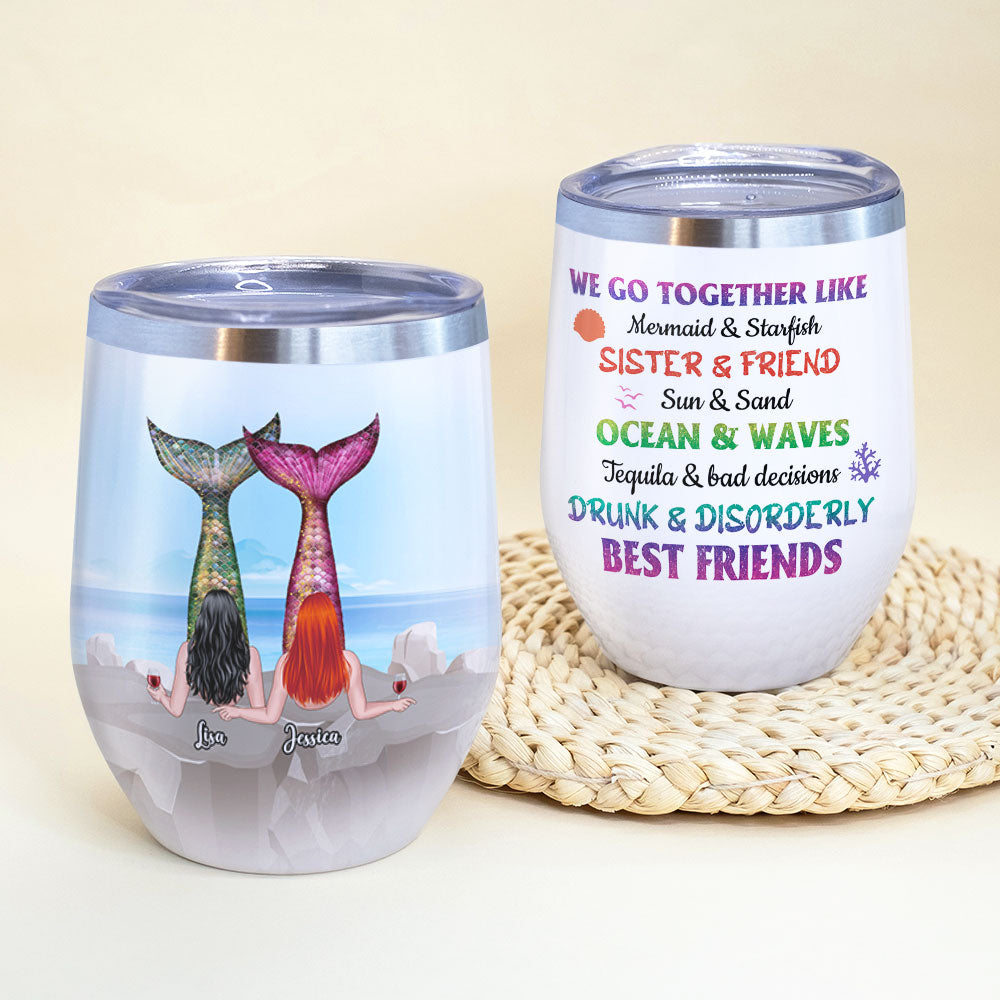 Personalized Mermaid Besties Wine Tumbler - We Go Together Like - Beach Theme - Wine Tumbler - GoDuckee