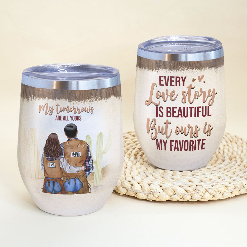 Personalized Cowboy Couple Wine Tumbler - Every Love Story Is Beautiful - Couple Shoulder to Shoulder - Wine Tumbler - GoDuckee