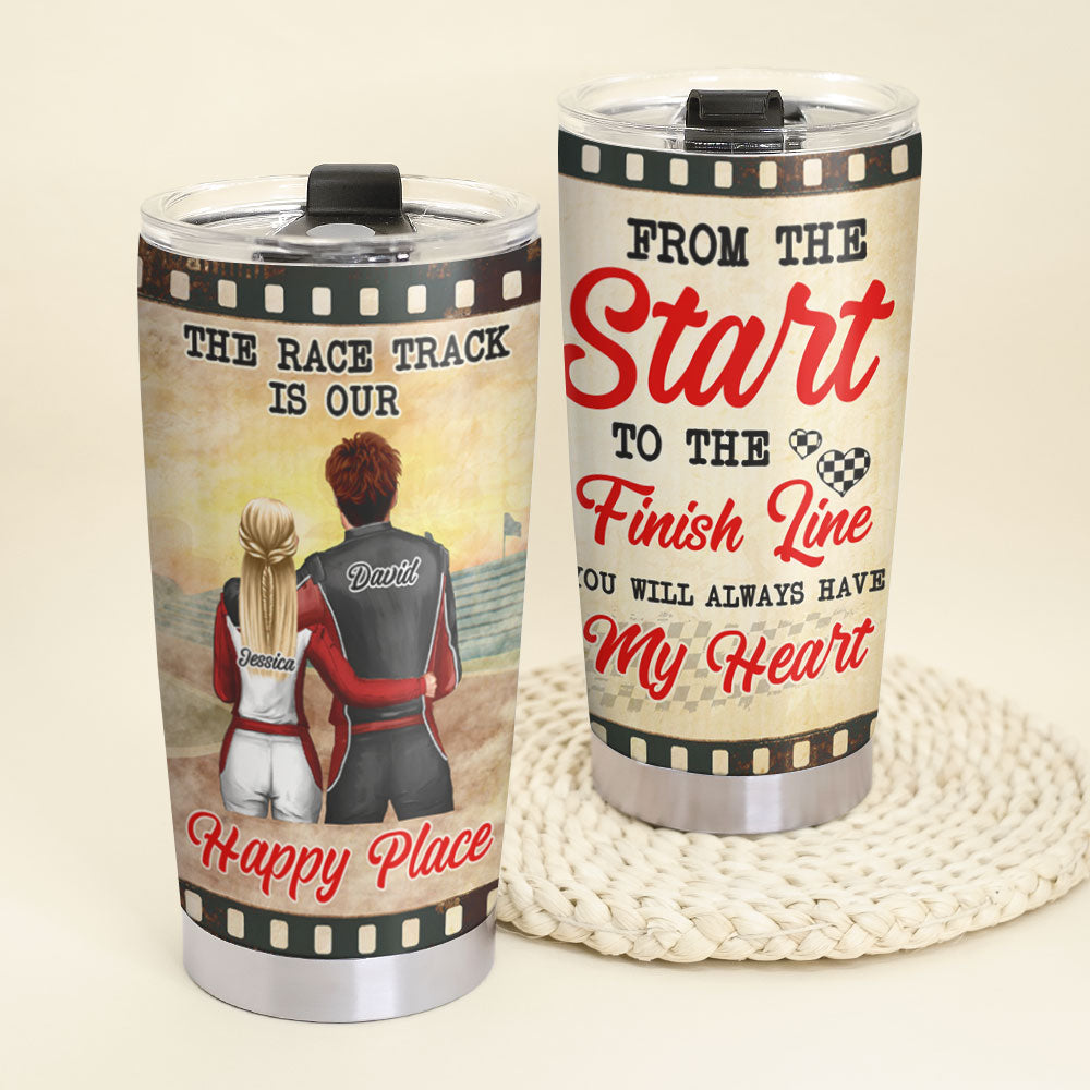 Personalized Racing Couple - The Race Track Is Our Happy Place - Tumbler Cup - GoDuckee