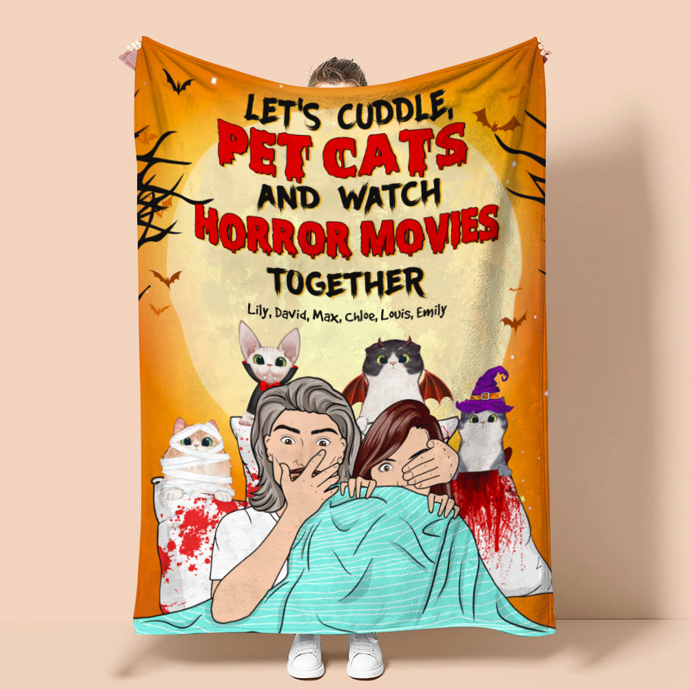 Personalized Horror Couple & Cat Breeds Blanket - Let's Cuddle Pet Cats & Watch Horror Movies - Blanket - GoDuckee