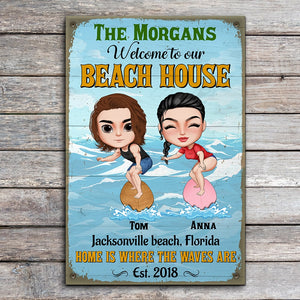 Welcome To Our Beach House Personalized Surfing Couple Metal Sign Gift For Couple - Metal Wall Art - GoDuckee