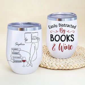 Easily Distracted By Books & Wine - Custom Book Titles Tumbler - Gift For Couple - Wine Tumbler - GoDuckee