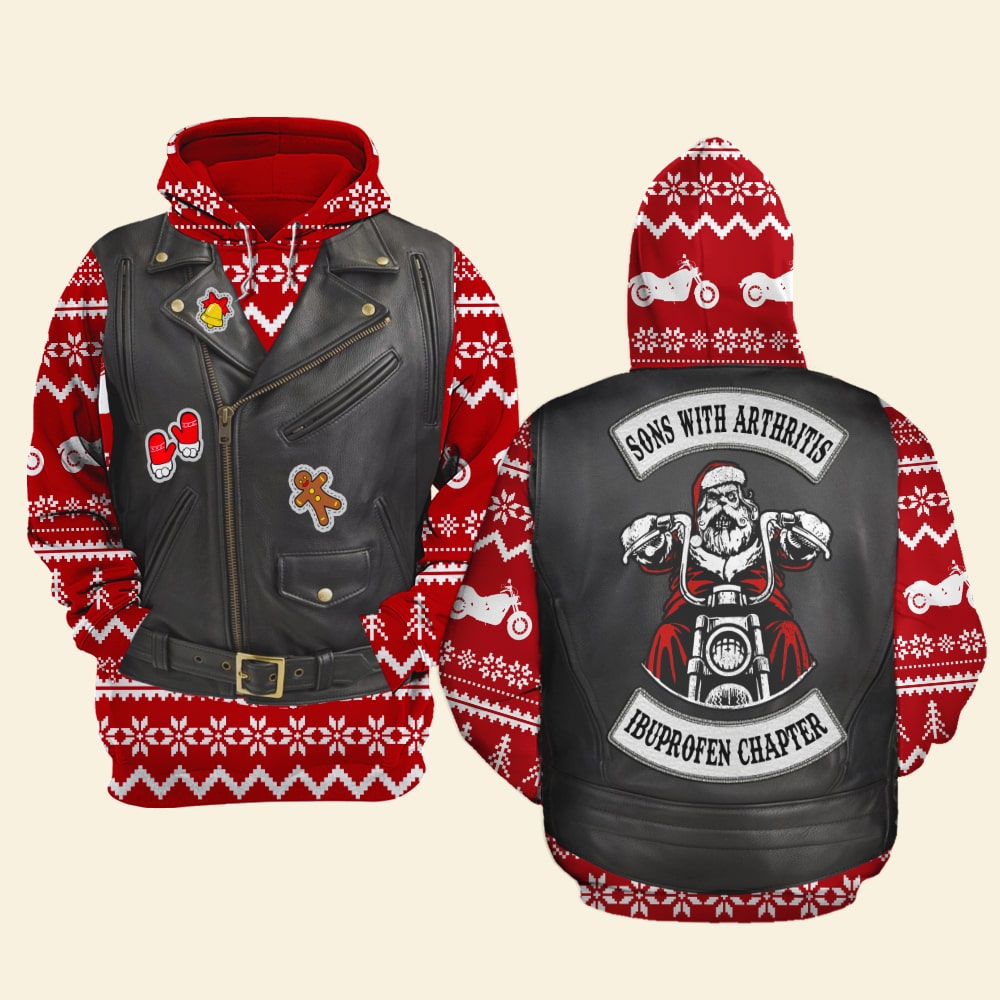 Sons With Arthritis Ibuprofen Chapter Personalized Christmas Biker Hoodie, Gift For Biker - AOP Products - GoDuckee