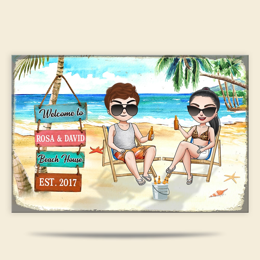 Welcome To Beach House Personalized Couple Metal Sign Gift For Couple, Summer Gift - Metal Wall Art - GoDuckee