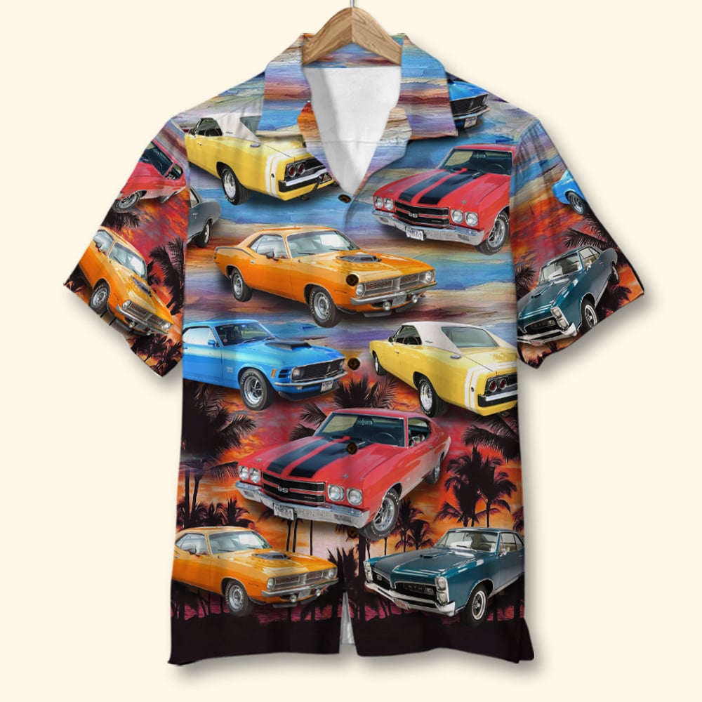 Custom Muscle Car Hawaiian Shirt, Beach Sunset Pattern - Hawaiian Shirts - GoDuckee