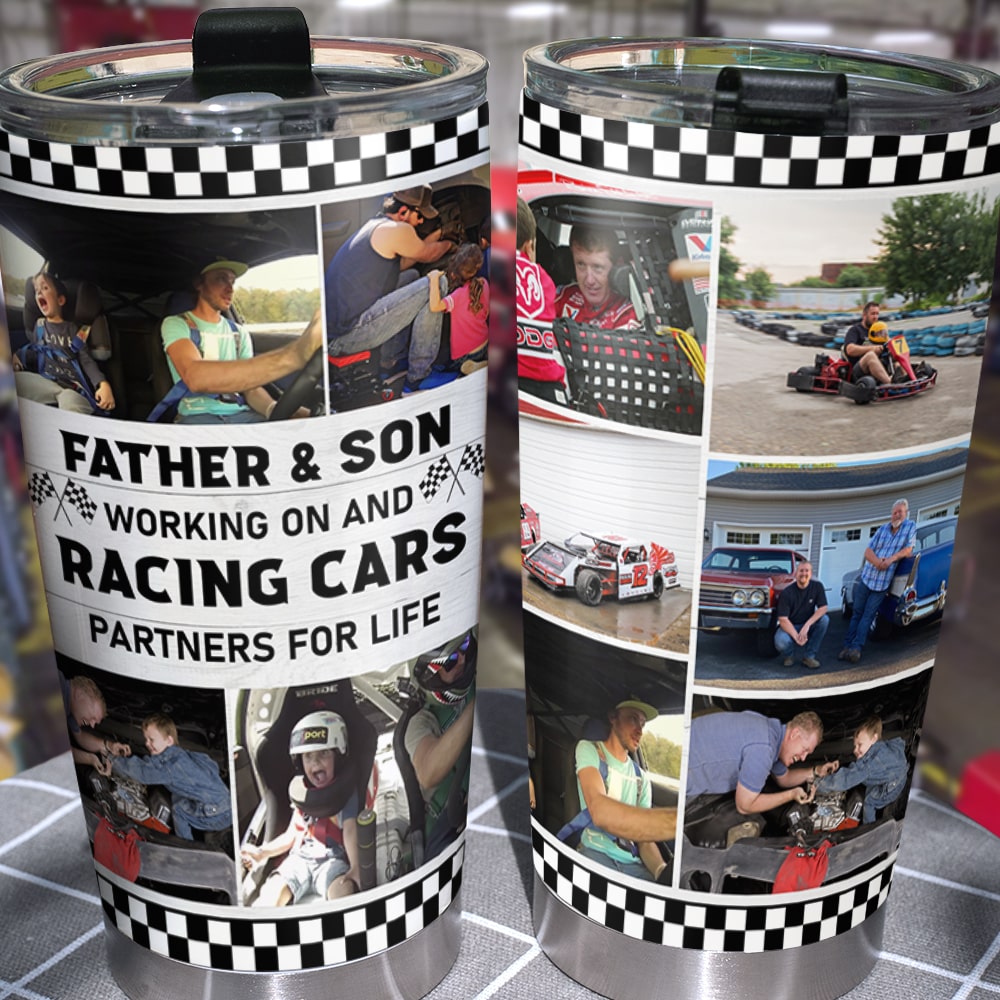 Personalized Racing Father and Son Tumbler - Working on and racing car -  GoDuckee