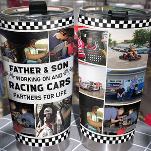 Father & Son Working On And Racing Cars Partners For Life - Custom Racing Dad Tumbler - Gift For Family - Tumbler Cup - GoDuckee