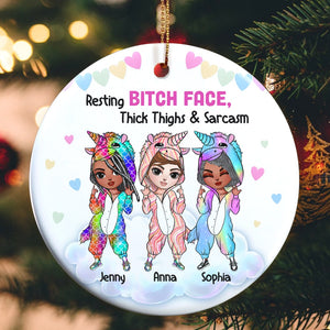 Resting Bitch Face, Thick Thighs & Sarcasm Personalized Unicorn Besties Ornament, Christmas Tree Decor - Ornament - GoDuckee