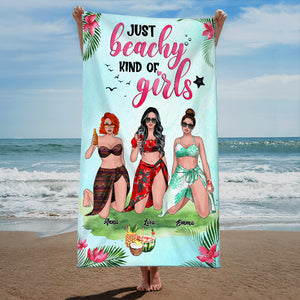 Just Beachy Kind Of Girls - Personalized Beach Towel - Gifts For Big Sister, Sistas, Girls Trip - Floral & Leopard Pattern - Beach Towel - GoDuckee