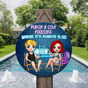 Personalized Pool Friends Round Wooden Sign - Where It's Always 5:00 - Wood Sign - GoDuckee