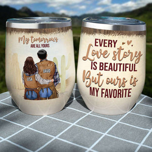 Personalized Cowboy Couple Wine Tumbler - Every Love Story Is Beautiful - Couple Shoulder to Shoulder - Wine Tumbler - GoDuckee