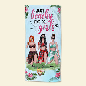Just Beachy Kind Of Girls - Personalized Beach Towel - Gifts For Big Sister, Sistas, Girls Trip - Floral & Leopard Pattern - Beach Towel - GoDuckee