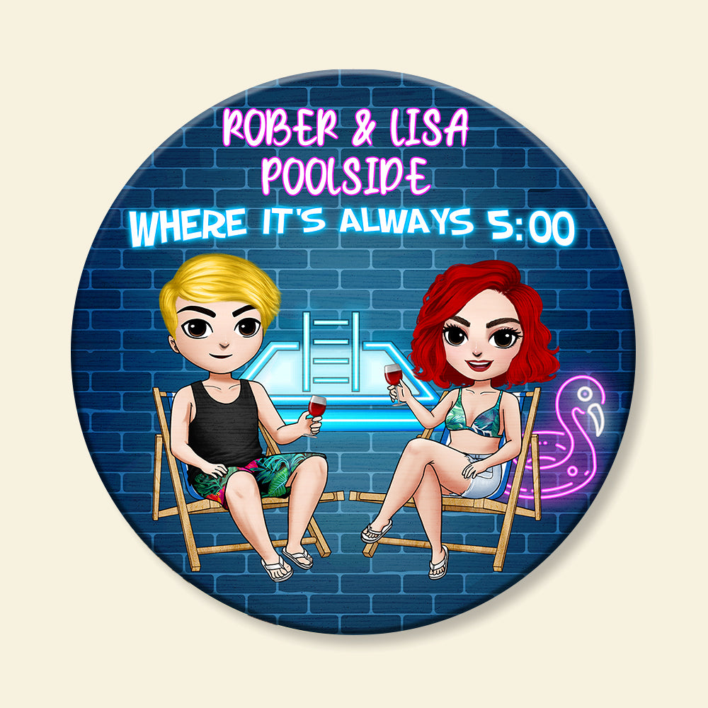 Personalized Pool Friends Round Wooden Sign - Where It's Always 5:00 - Wood Sign - GoDuckee