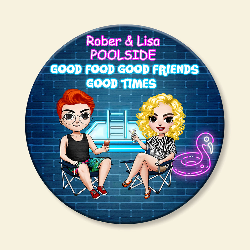 Personalized Pool Friends Round Wooden Sign - Good Food Good Friends Good Times - Wood Sign - GoDuckee
