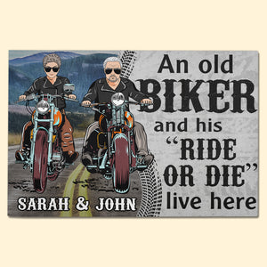 Personalized Biker Couple Doormat - An Old Biker And His Ride Or Die Live Here - Doormat - GoDuckee