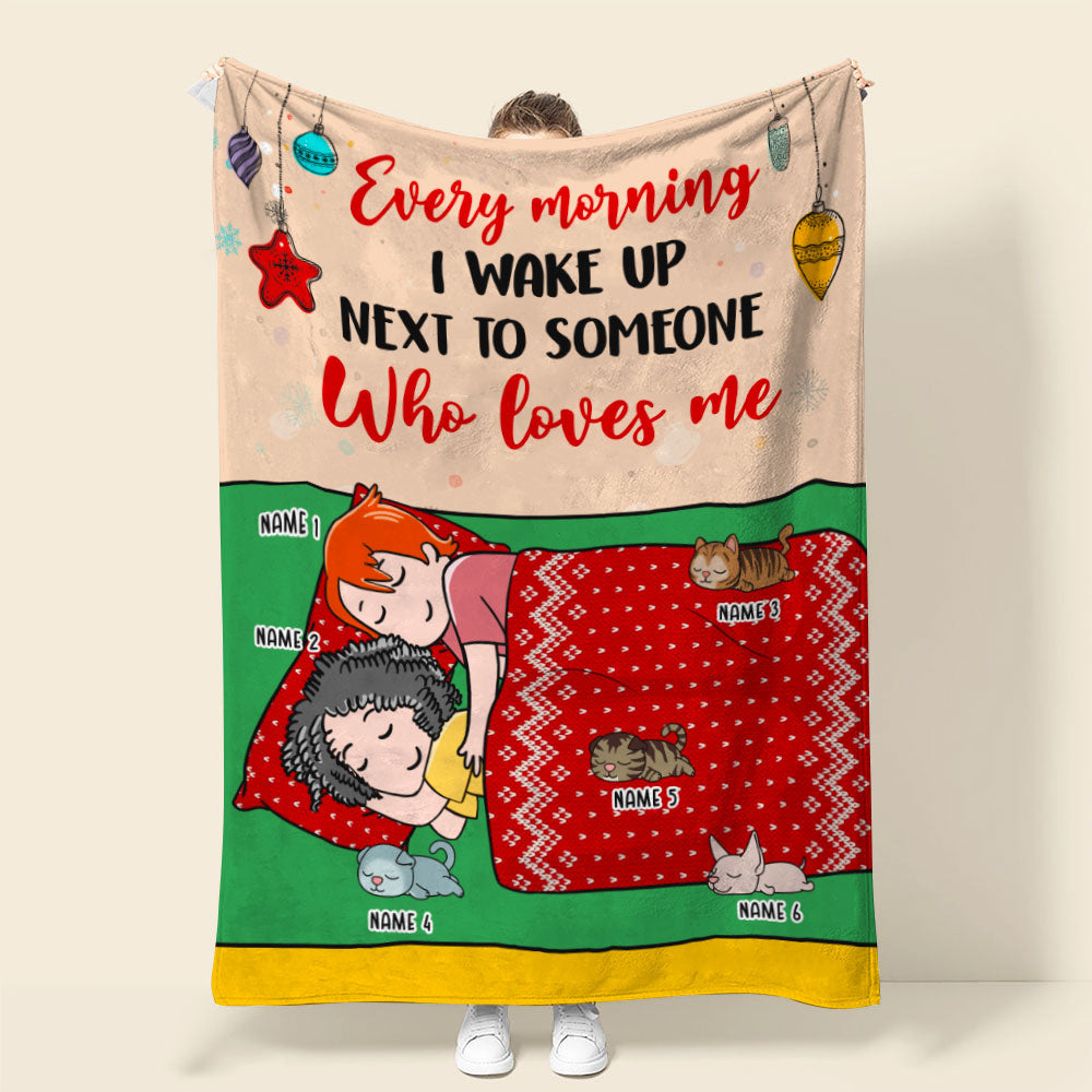 Personalized Cartoon Sleeping Couple & Cat Breeds Blanket - I Wake Up Next To Someone Who Loves Me - Blanket - GoDuckee