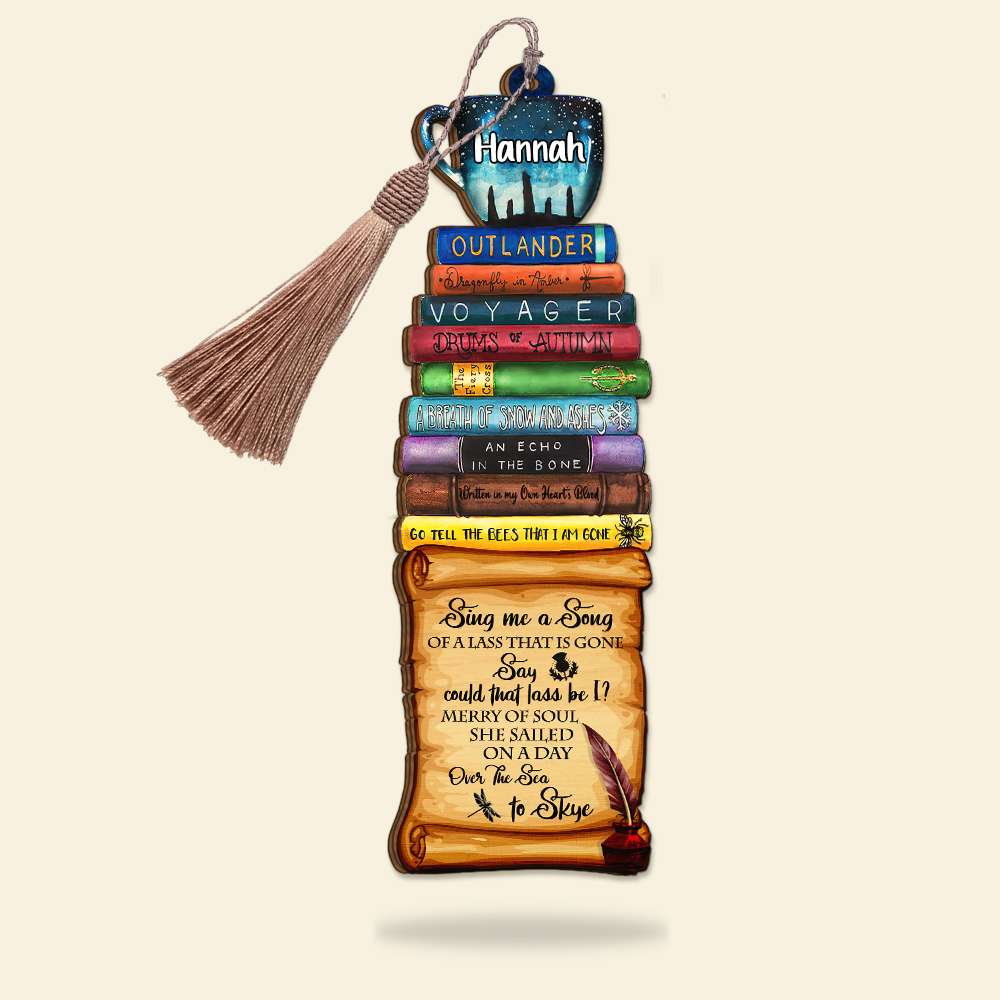 Outlander Wooden Bookmark - Sing Me A Song of A Lass Bookstack - Custom Name - Coffee Cup & Stack Of Books - Bookmarks - GoDuckee