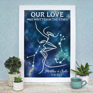 Our Love Was Written In The Stars, Personalized Zodiac Kiss Couple Line Canvas Print - Poster & Canvas - GoDuckee