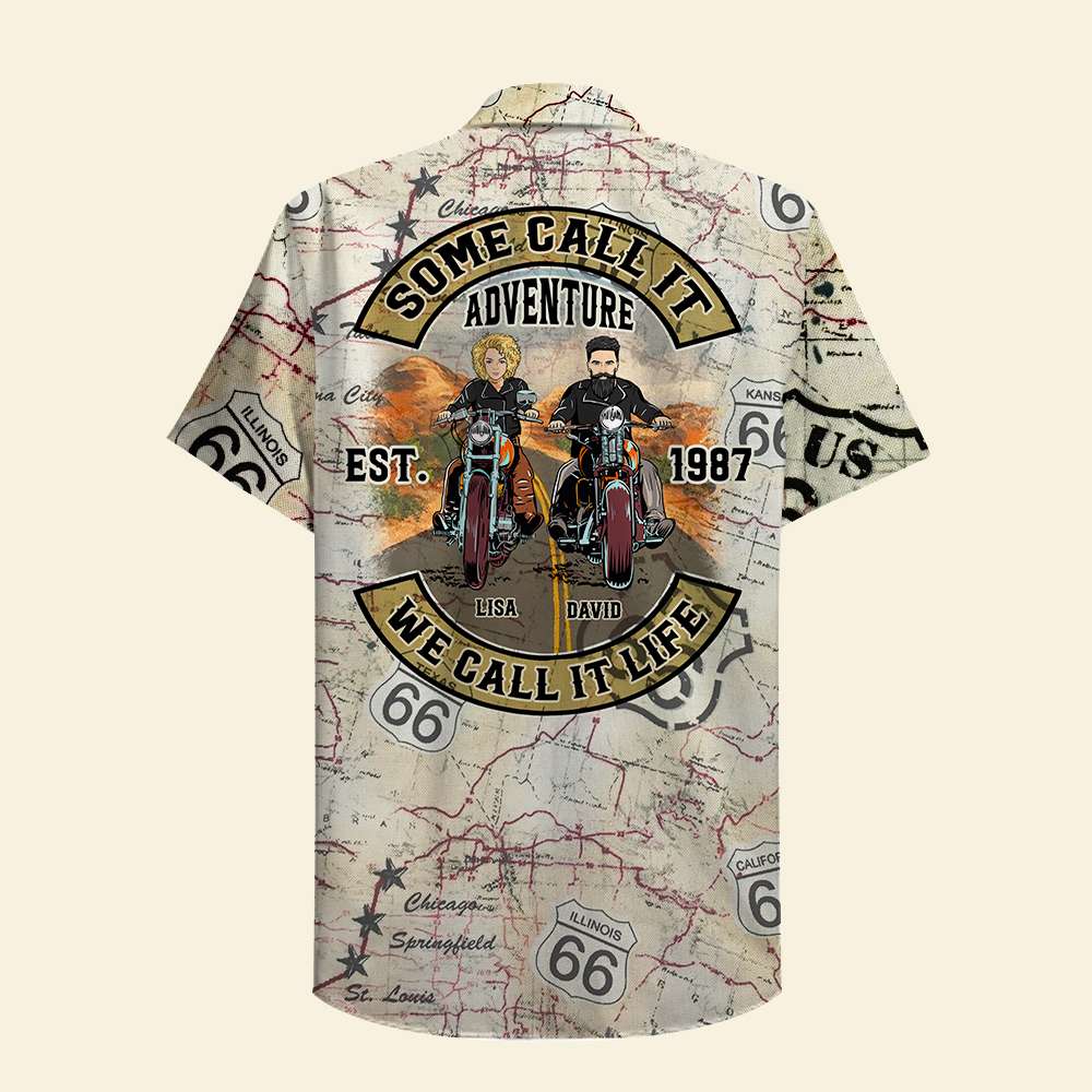 Personalized Biker Couple Hawaiian Shirt - Some Call It Adventure We Call It Life - Palm Tree Pattern - Hawaiian Shirts - GoDuckee