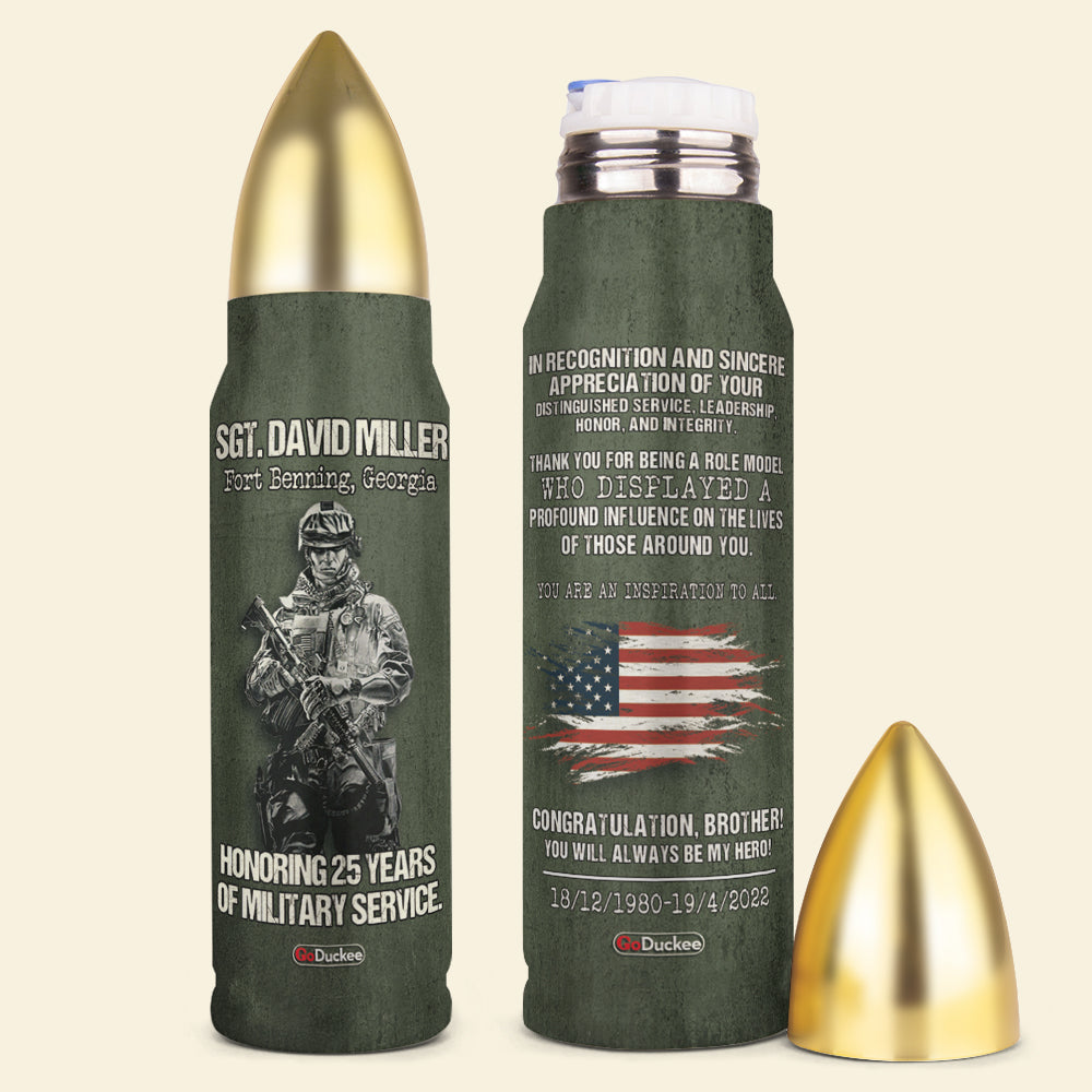 Military Bullet Tumbler - Custom Name & Year - Thank You For Being A Role Model Who Displayed A Profound Influence - Water Bottles - GoDuckee