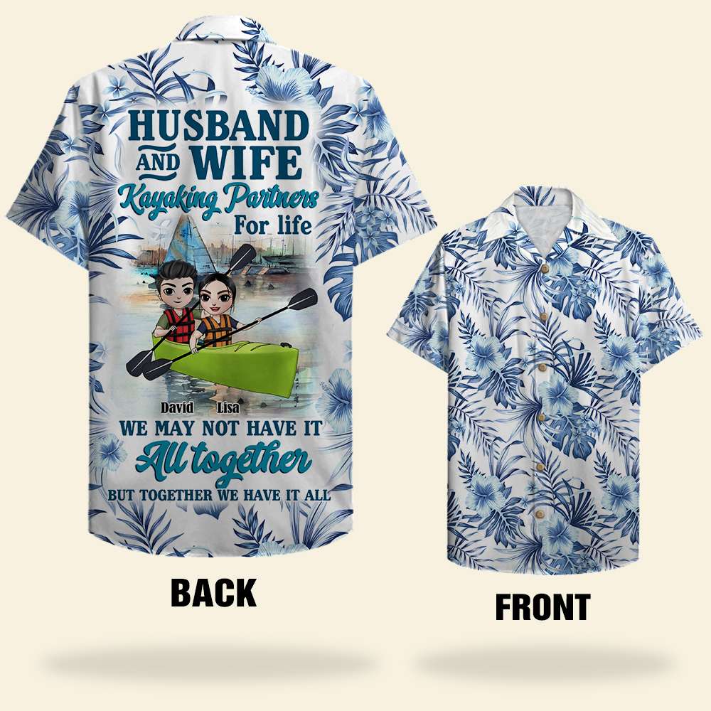 Personalized Kayaking Couple Hawaiian Shirts - Husband And Wife Kayaking Partners For Life - Floral Pattern - Hawaiian Shirts - GoDuckee