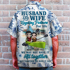 Personalized Kayaking Couple Hawaiian Shirts - Husband And Wife Kayaking Partners For Life - Floral Pattern - Hawaiian Shirts - GoDuckee