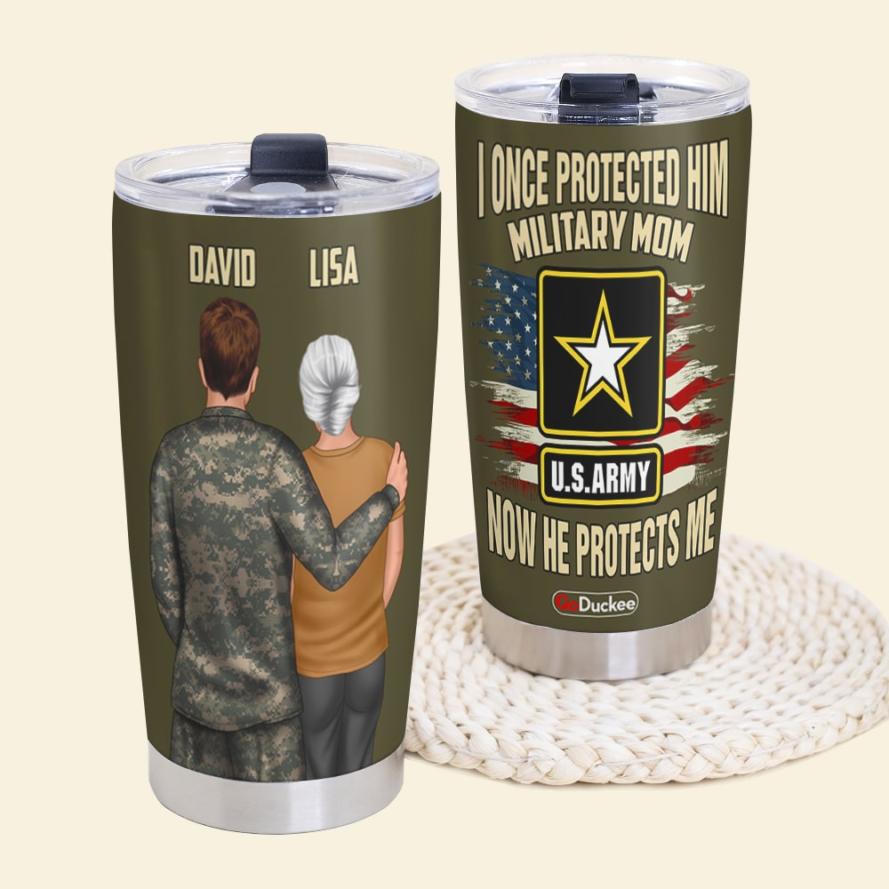 Personalized Military Mom Tumbler Cup - custom military Unit - I Once Protected Him Now He Protects Me - Tumbler Cup - GoDuckee
