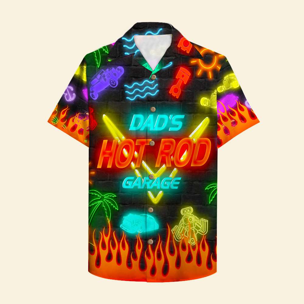 Personalized Hot Rod Hawaiian Shirt - Dad's Hot Rod Garage - Led Night Print, Beach Pattern - Hawaiian Shirts - GoDuckee