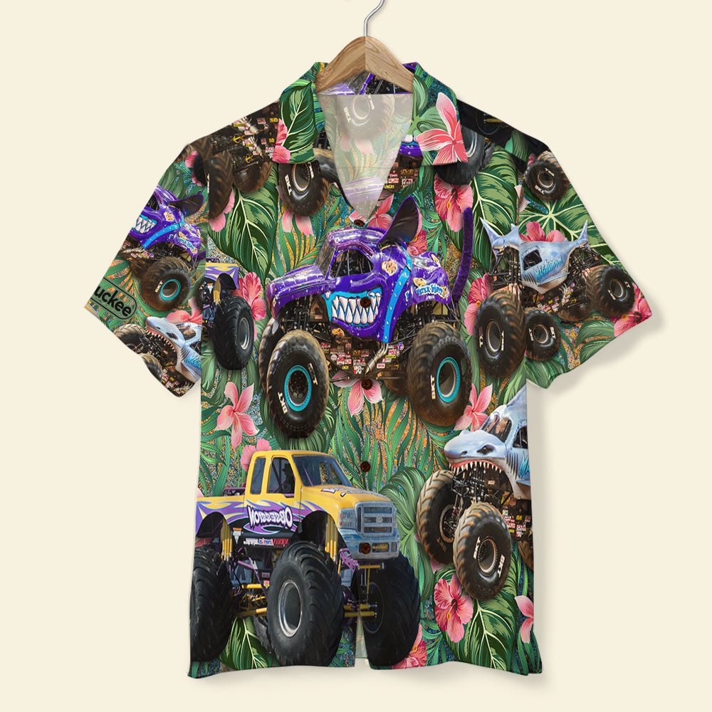 Monster Truck Hawaiian Shirt - Custom Car Photo - Floral Pattern - Hawaiian Shirts - GoDuckee