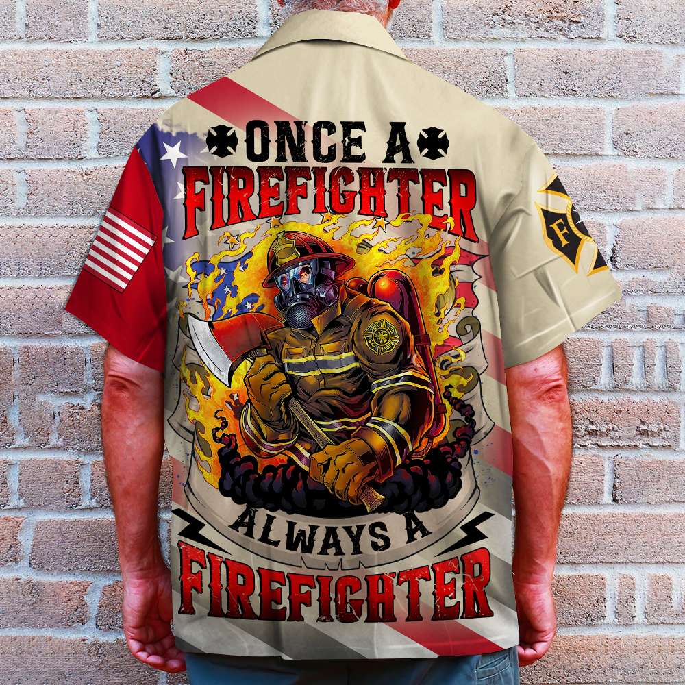 GoDuckee Custom Firefighter Logo Hawaiian Shirt, Aloha Shirt, Red Flower Pattern, Gift for Firefighter