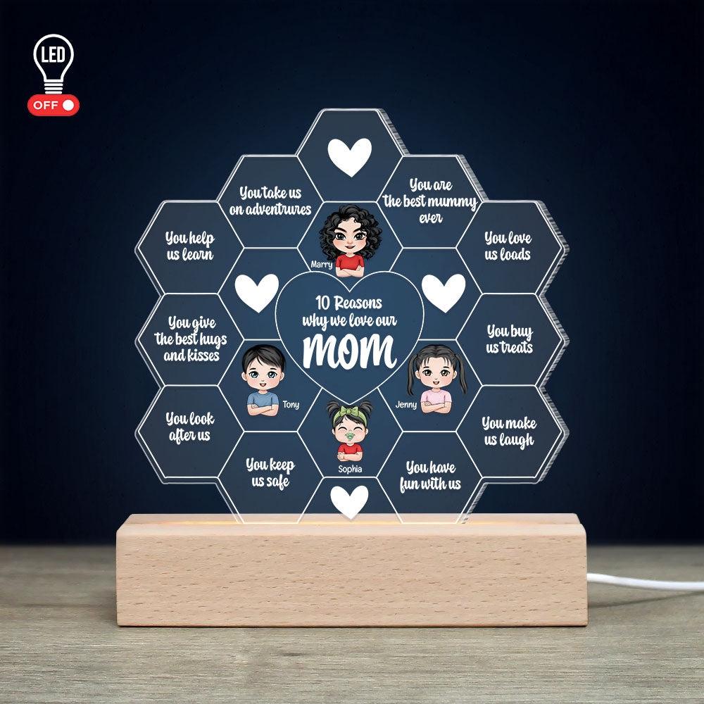 Ten Reasons Why We Love Our Mom, Personalized 3D Led Light Wooden Base, Love Mom Led Night Light, Mother's Day, Birthday Gift For Mom - Led Night Light - GoDuckee