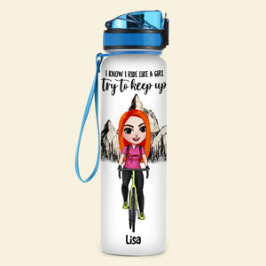 Personalized Cycling Girl Water Tracker Bottle - I Know I Ride Like A Girl Try To Keep Up - Water Bottles - GoDuckee