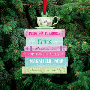 Jane Austen Bookstack and Tee Cup Personalized Christmas Ornament - Ornament - GoDuckee
