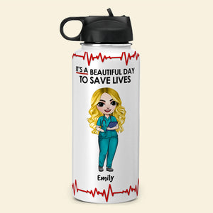 Personalized Nurse Dolls Water Bottle - It's A Beautiful Day To Save Lives - Water Bottles - GoDuckee