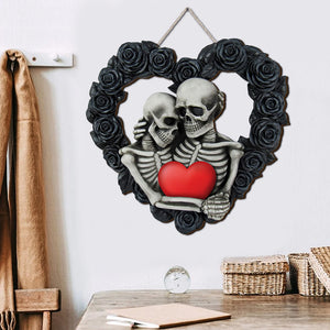 Personalized Skeleton Couple Wood Sign, Black Rose Heart Shape, Gift For Couple - Wood Sign - GoDuckee