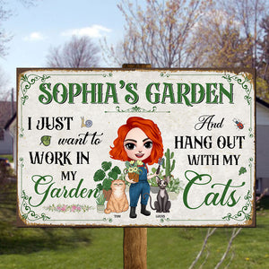 Personalized Gardening Metal Sign Girl With Cats I Just Want To Work In My Garden - Metal Wall Art - GoDuckee