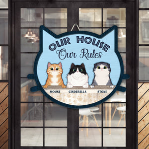 Our Home Our Rules Personalized Cat Layered Wood Sign Stand Gift For Cat Lovers - Wood Sign - GoDuckee