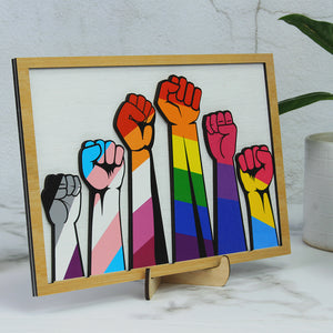 LGBT Raising Hands For Equality Layered Wood Sign Stand - Wood Sign - GoDuckee