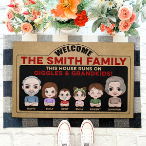 This House Runs On Giggles & Grandkids, Personalized Door Mat, Grandparent and Kids Welcome Door Mat, Gift For Grandparents - Doormat - GoDuckee