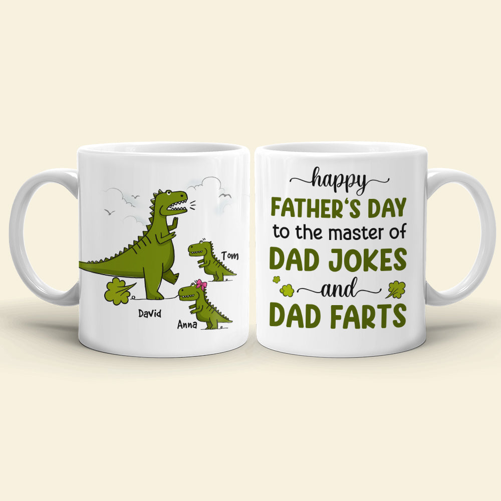 Happy Father's Day To The Master Of Dad Jokes, Personalized Mug, Gift For Dad, Father's Day Gift, Dinosaur Dad And Kids Mug - Coffee Mug - GoDuckee