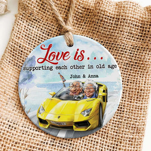 Funny Old Couple Driving Car, Personalized Ceramic Ornament, Gift For Sport Car Lovers - Ornament - GoDuckee