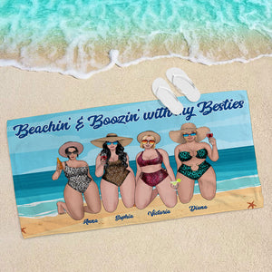 Beachin' And Boozin' With My Besties - Personalized Beach Towel - Gifts For Big Sister, Sistas, Girls Trip - Floral & Leopard Pattern - Beach Towel - GoDuckee