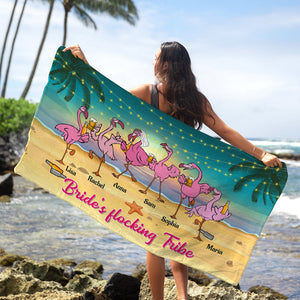 Flamingo Bridesmaid Bride's Flocking Tribe Personalized Beach Towel Gift For Her - Beach Towel - GoDuckee