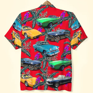 Custom Classic Car Photo Hawaiian Shirt, Purple Parrot Seamless Pattern, Gift For Car Lovers (Car0902) - Hawaiian Shirts - GoDuckee