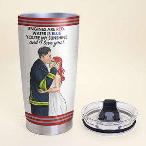 Personalized Firefighter Couple Tumbler - To My Wife You're My Sunshine - Couple Hugging And Kissing Side View - Tumbler Cup - GoDuckee